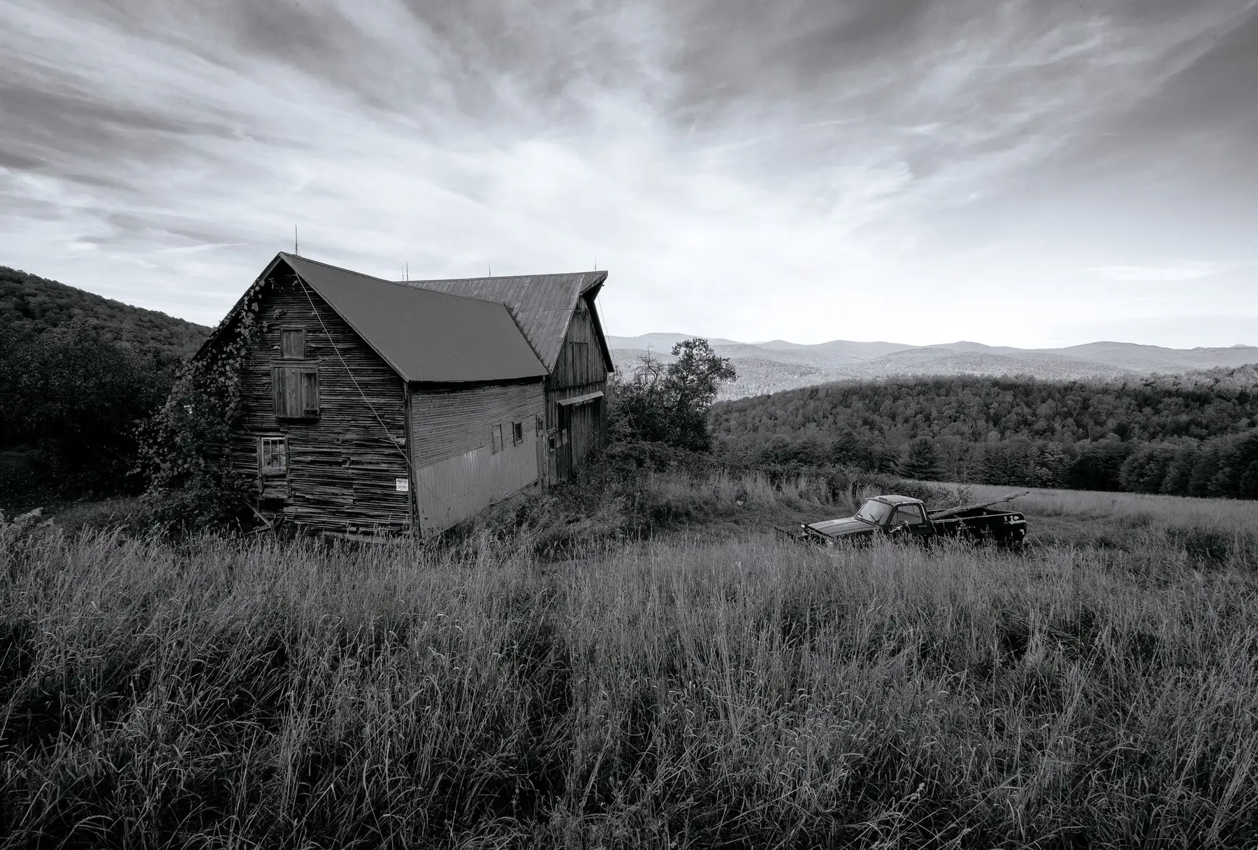 Weathered barn and a retired pickup in tall grass, black and white